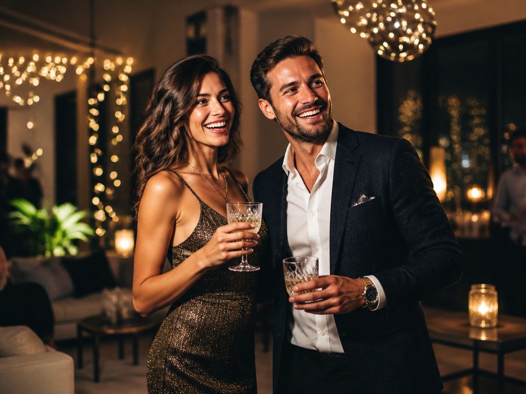 Para w eleganckich strojach rozmawia z drinkami w dłoniach w loftowym wnętrzu z nastrojowym oświetleniem.