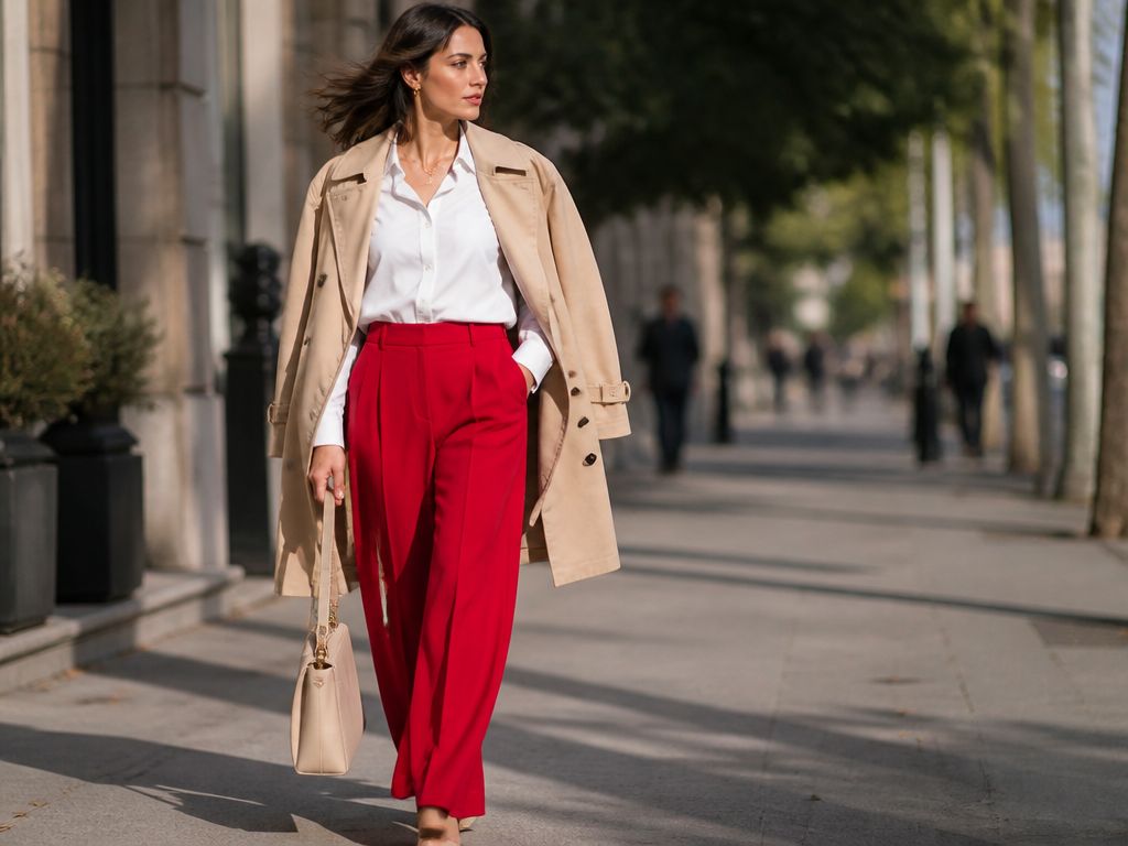 Kobieta w czerwonych spodniach, białej koszuli i beżowym płaszczu idzie słonecznym chodnikiem. Stylizacja street style.