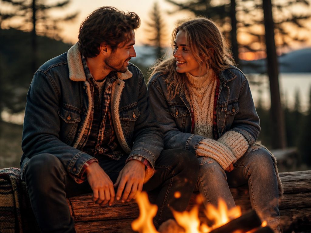 Para w swetrach i dżinsowych kurtkach siedzi przy ognisku w lesie podczas zachodu słońca. Stylizacje outdoorowe.