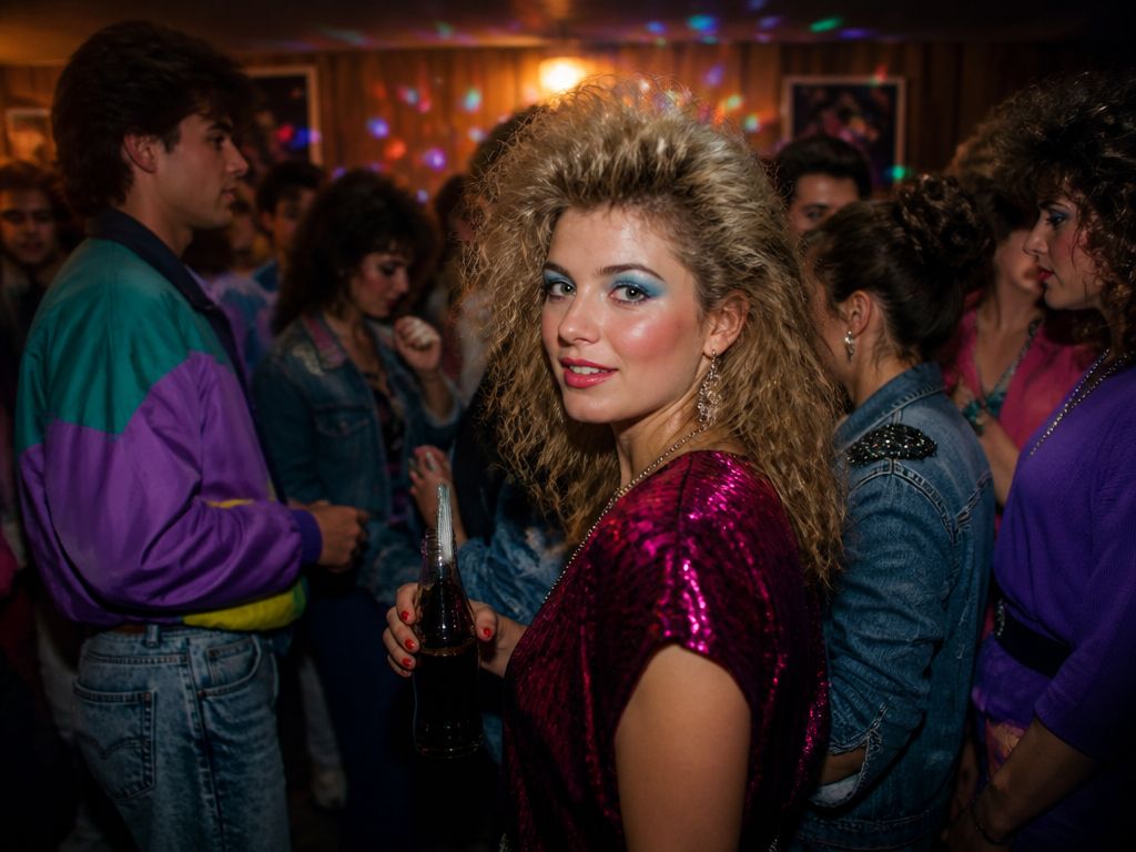 Impreza domowa w stylu lat 80. z ludźmi w ortalionowych dresach i retro strojach na tle drewnianych ścian.