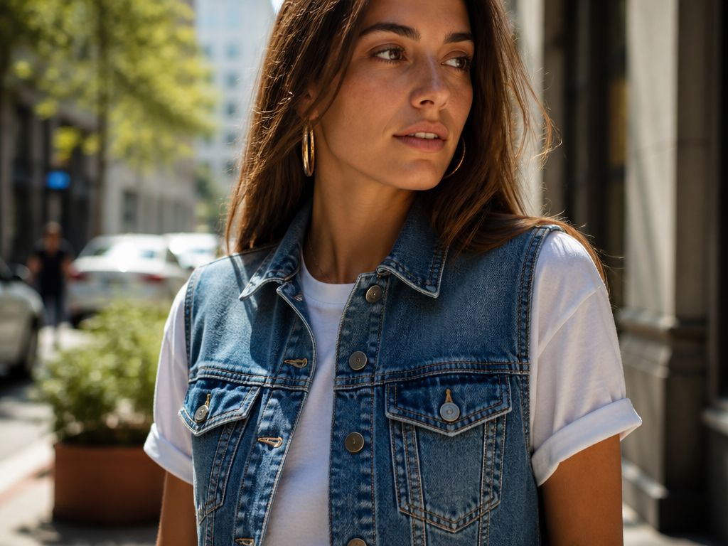 Kobieta w jeansowej kamizelce i białym t-shircie na słonecznej ulicy. Zbliżenie na teksturę denimu i złote szwy.