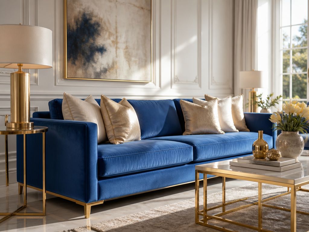 Chabrowa aksamitna sofa ze złotymi detalami w jasnym, nowoczesnym salonie, oświetlona naturalnym światłem słonecznym.