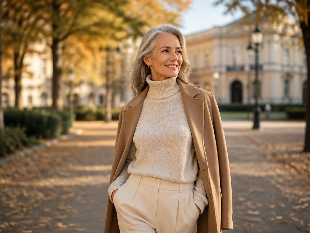 Dojrzała kobieta w beżowym kaszmirowym golfie i płaszczu idzie przez jesienny, słoneczny park w mieście. Profesjonalny portret.