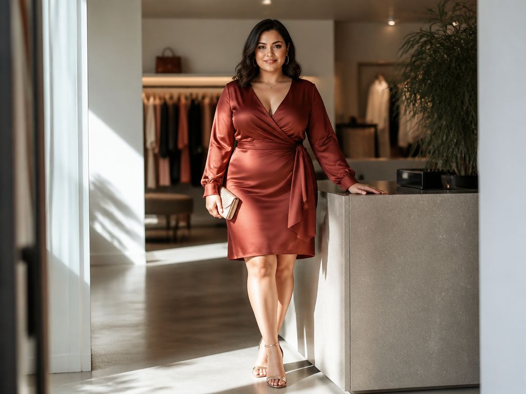 Plus size kobieta w eleganckiej sukience kopertowej w nowoczesnym butiku. Stylizacja podkreślająca talię.