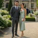 Para w eleganckich strojach weselnych stoi w słonecznym ogrodzie. Mężczyzna w szarym garniturze, kobieta w jedwabnej sukience.