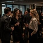 Ludzie w strojach biznesowych rozmawiają podczas eleganckiego eventu w nowoczesnym biurze. Styl business casual, ciepłe światło.