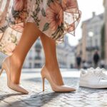 Kobieta w kwiecistej sukience midi i beżowych szpilkach na słonecznej ulicy, obok leżą białe skórzane sneakersy.