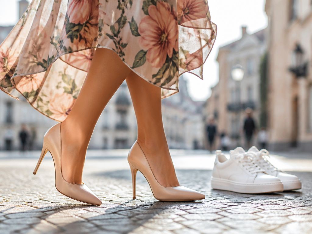 Kobieta w kwiecistej sukience midi i beżowych szpilkach na słonecznej ulicy, obok leżą białe skórzane sneakersy.