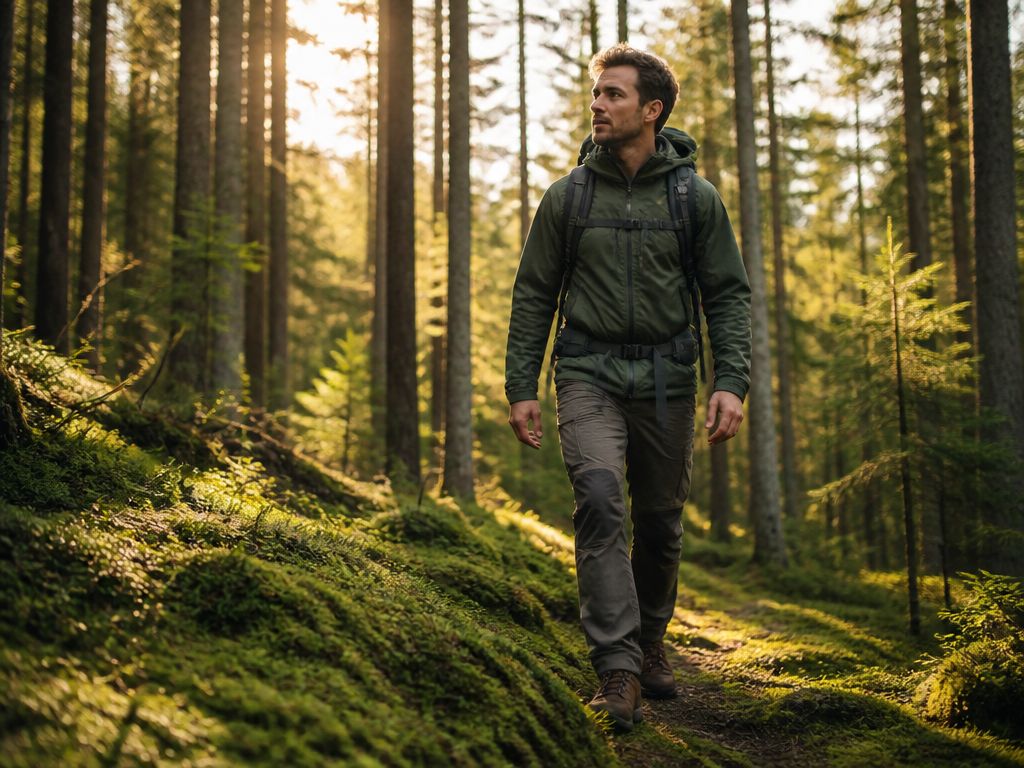 Osoba w profesjonalnej odzieży trekkingowej idąca przez las w świetle zachodzącego słońca.