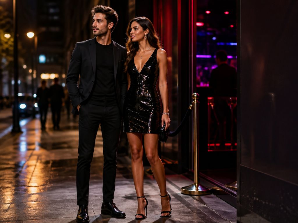 Para w eleganckich strojach przed wejściem do nowoczesnego klubu nocnego z neonowym oświetleniem w tle.