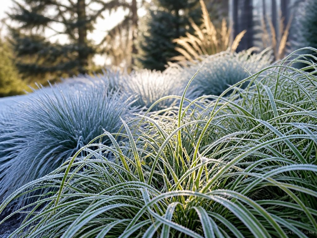 Oszronione trawy ozdobne Carex i kostrzewa sina w porannym słońcu na tle zimowego ogrodu.