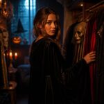 Kobieta w garderobie pełnej kostiumów halloweenowych, oświetlona ciepłym światłem dyni i blaskiem księżyca.