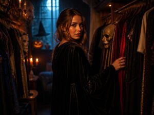 Kobieta w garderobie pełnej kostiumów halloweenowych, oświetlona ciepłym światłem dyni i blaskiem księżyca.